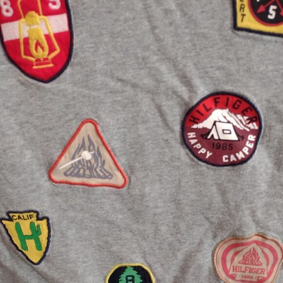 Tommy Hilfiger Boy's XL Camp Fun Short Sleeve Gray Shirt w/ Patches - Picture 2 of 5